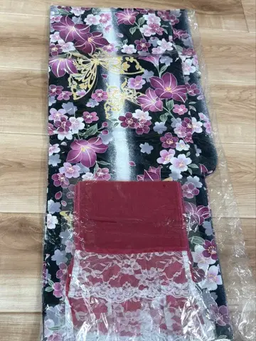 여성용 유카타 오비 세트 블랙 베이스 꽃무늬 나비