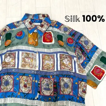 BURMA BIBAS 실크 하와이안 셔츠 화려한 구제 의류 silk100%