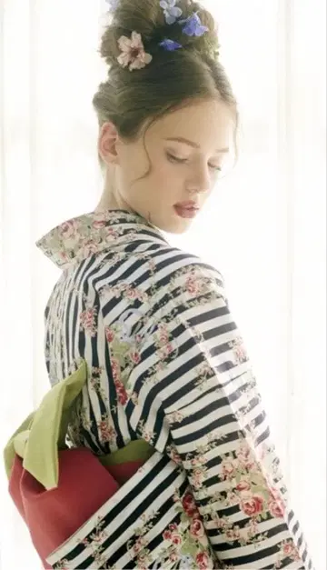 새상품 Maison de FLEUR 유카타 스트라이프 꽃무늬 3종 세트