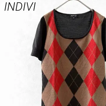 INDIVI 니트 스웨터 반팔 아가일 무늬 울 혼방 얇은 소재 작음