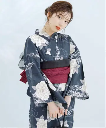 여성용 유카타 오비 세트 모란 패턴 네이비 컬러