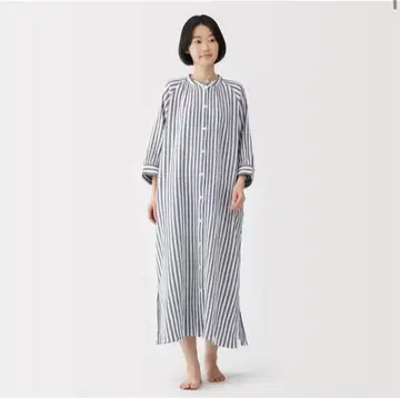 [무인양품] 여성 양류 거즈 칠부 소매 원피스 네이비 스트라이프