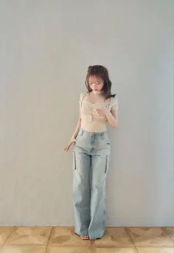 andmary 백 리본 데님 카고 팬츠 M