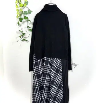 도킹 니트 원피스 터틀넥 체크 무늬 플리츠 XL 상당
