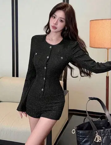 트위드 셋업 스타일 미니 원피스 블랙 한국 갸루 의류 올인원