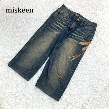 miskeen 데님 배기 팬츠 자수 데미지 가공 블루 34 U515