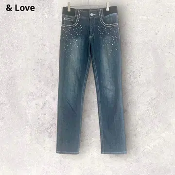 안도라부 데님 팬츠 스트레이트 M 스톤 장식 면 혼방