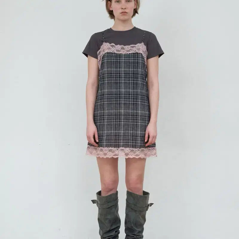 마조네 CHECK LACE DRESS_CHARCOAL