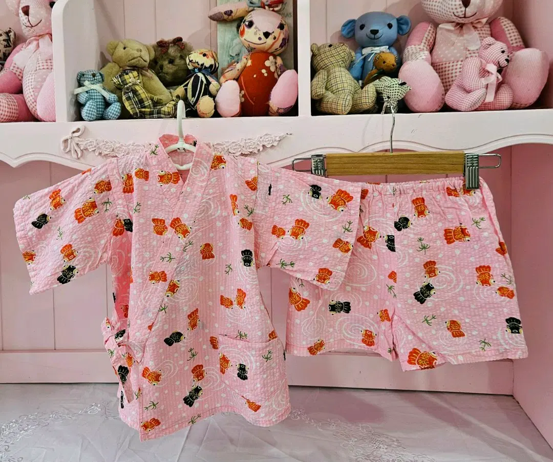 80 아동 유카타 세트 핑크 물고기 패턴