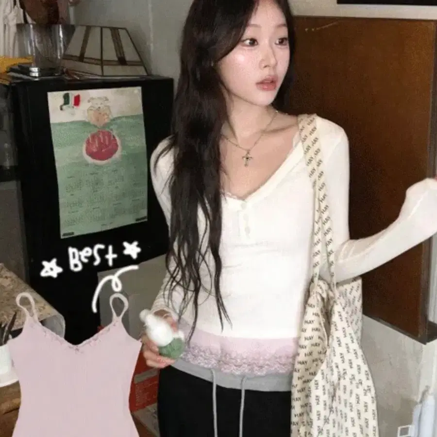 미니포에 [발레코어] 모리 레이스 프릴 슬리브리스 핑크