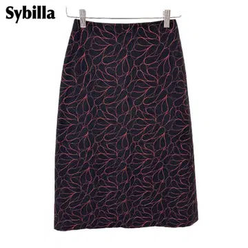 Sybilla 사다리꼴 울 타이트 스커트 M 블랙 x 빨간색 꽃무늬 자수