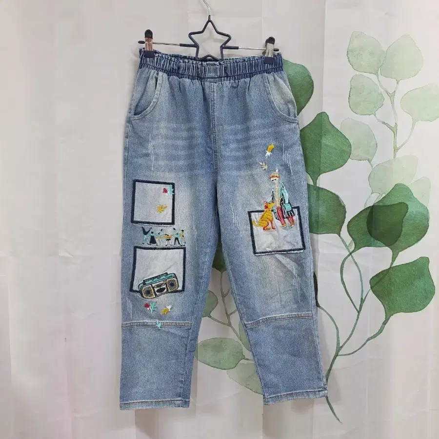 밴딩 자수 청바지
