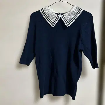 Re-J&SUPURE 니트 반팔 네이비 카라 부착