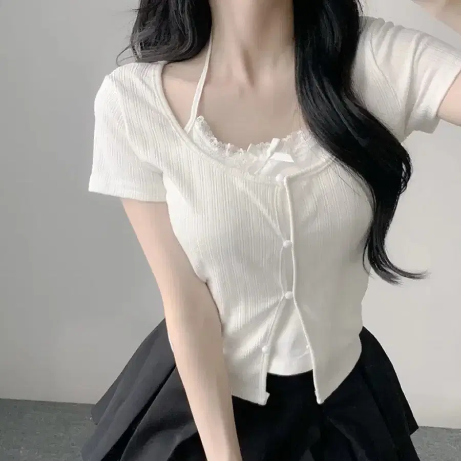 레이어드 레이스 골지 반팔 티셔츠