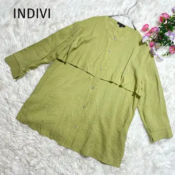 INDIVI 플랩 디자인 밴드 카라 블라우스 7부 소매 라이트 그린