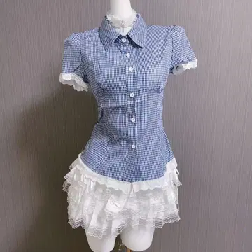 인기 깅엄 체크 반팔 블라우스 레이스 장식 갸루 히메갸루