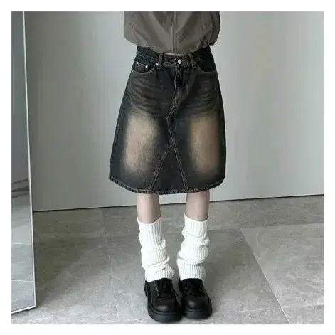 미오 빈티지 워싱 청치마 미디 데님 스커트 L 사이즈
