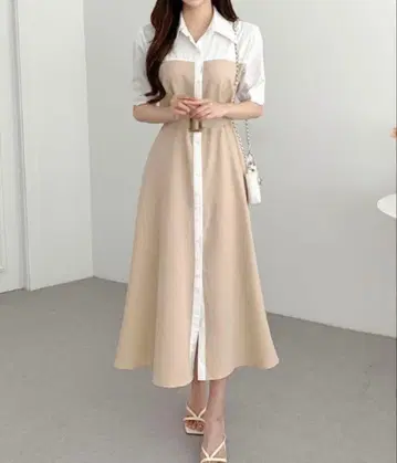 MaisonCalme 바이컬러 반팔 셔츠 원피스 벨트 포함