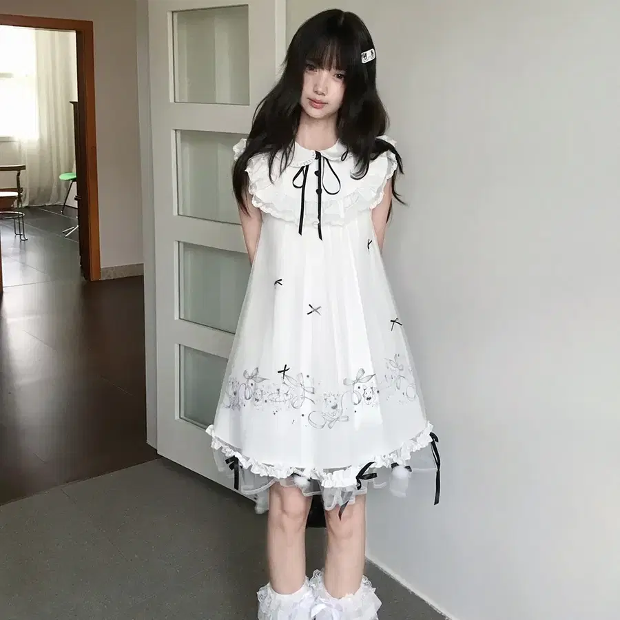 라라소스 별구름 토끼 프린트 리본 튤 퍼프 원피스