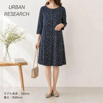 URBAN RESEARCH 네이비 무릎 기장 원피스 7부 소매 프리 도트