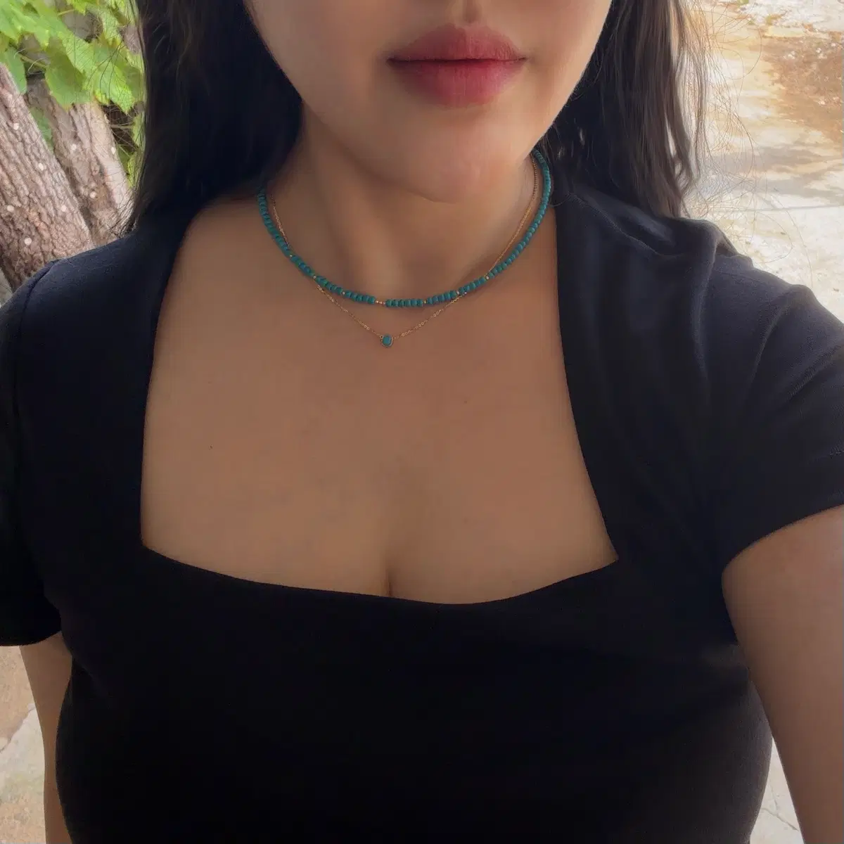 핸드메이드 14k 금볼+ 터키석 비드 목걸이 (새상품)