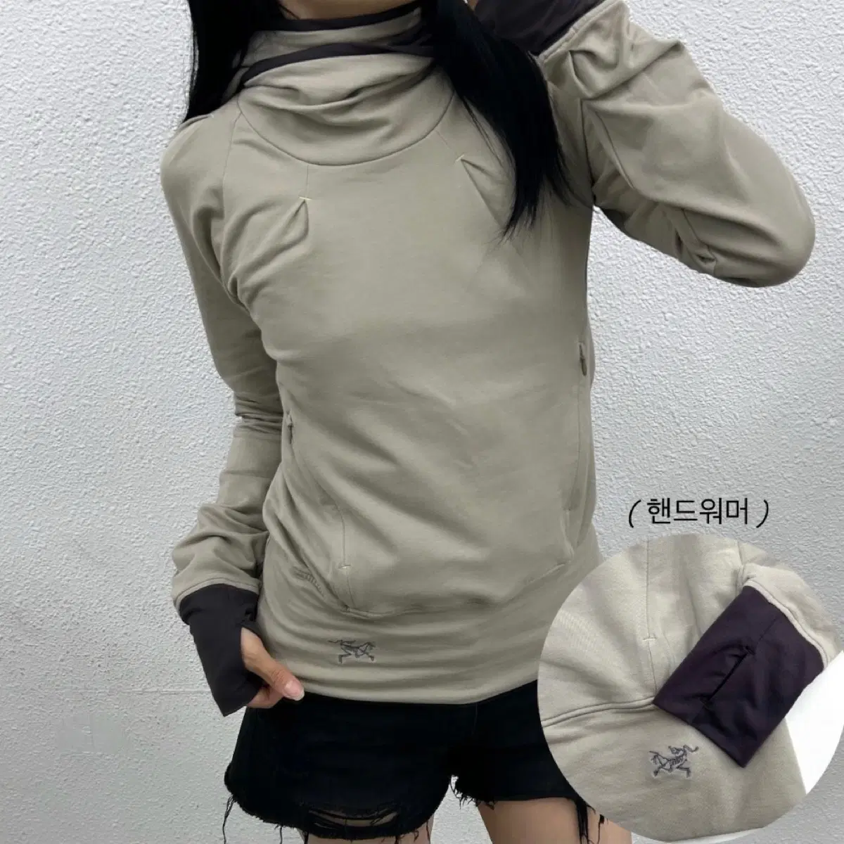 아크테릭스 핸드워머 퍼플배색 그레이 후드