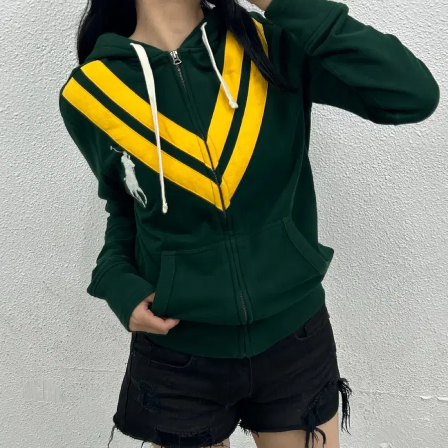 폴로 랄프로렌 빅포니 옐로우 배색 딥그린 후드집업 S