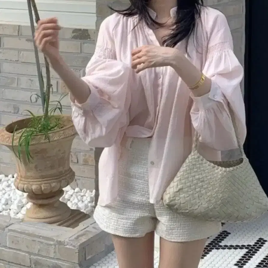 런던단테 루미에르 실크 벌룬 블라우스 핑크
