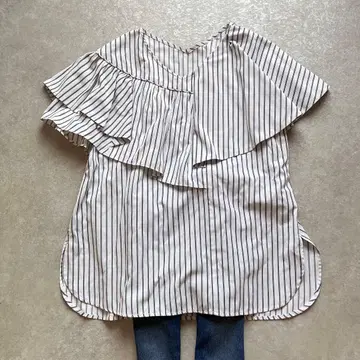 엘렌딕 비대칭 프릴 블라우스 케이프 칼라 스트라이프