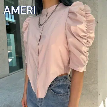 [새상품급] AMERI 개더 슬리브 라운드 블라우스