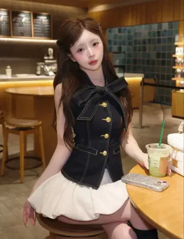 Darich 버튼 리본 데님 상의