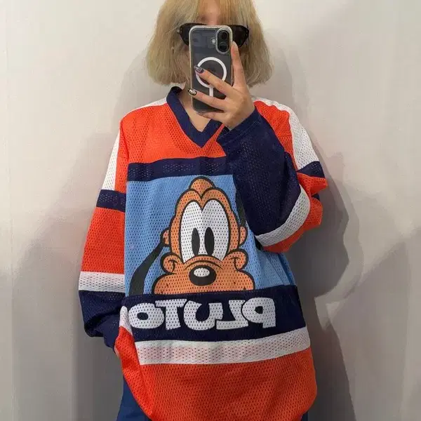 M 80s 디즈니 빈티지 플루토 메쉬 긴팔 풋볼 셔츠