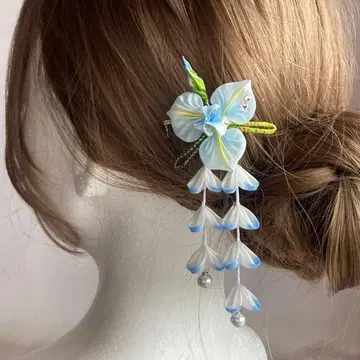 츠마미세이 붓꽃 장식 빗 스카이블루 계열 순수 실크 머리 장식