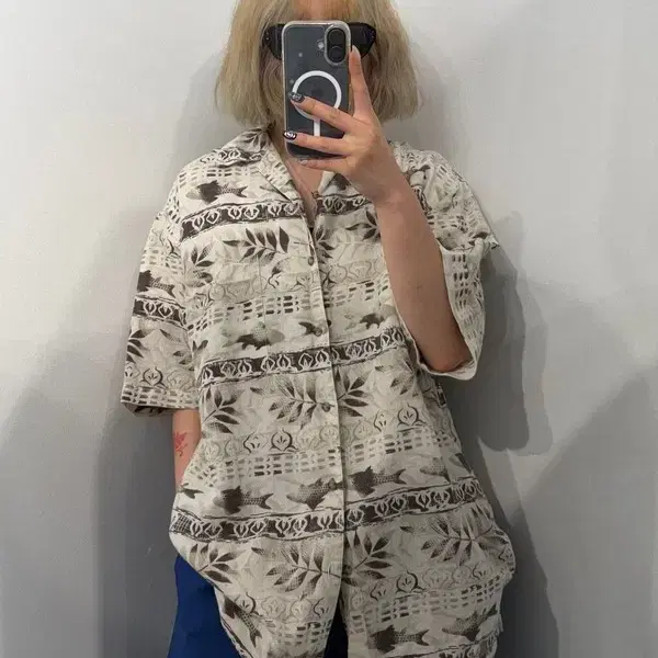 M Bugle Boy 빈티지 캐주얼 레이온 버튼 업 반팔 셔츠