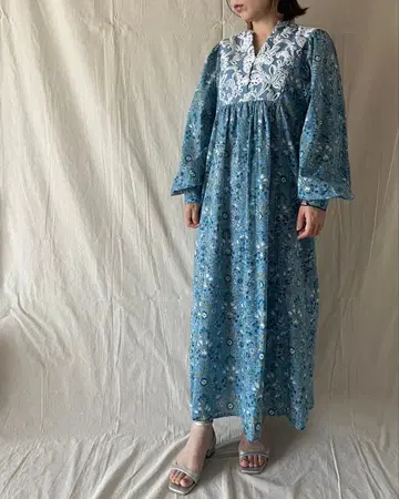 금화산직 x 인도 블록 프린트 원피스/블루 차이나 버튼 핸드메이드