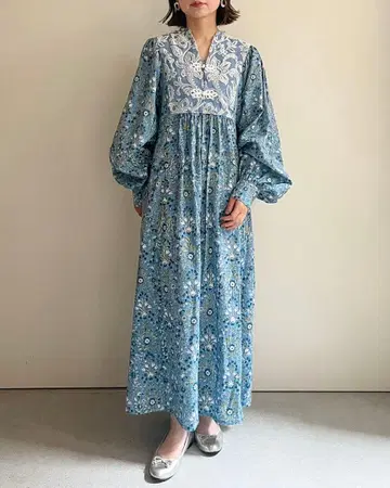 인도 블록 프린트 원피스/블루 금화산직 차이나 버튼 핸드메이드