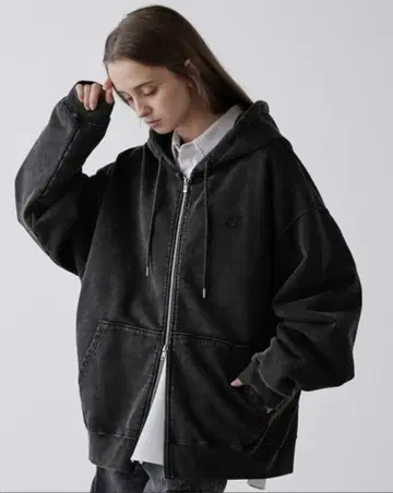 CLEL 헤비 웨이트 로고 자수 풀 집업 후드티 빈티지 블랙