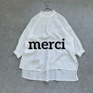 merci 린넨 블라우스 프린지 린넨 100% 7부 소매 화이트