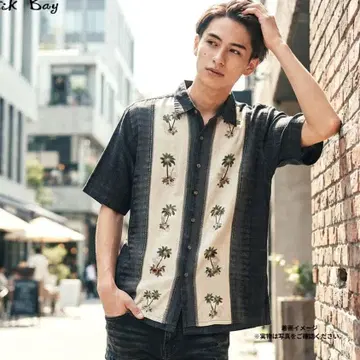 BatikBay 라인 알로하 블랙 반팔 레이온 100% 우드 버튼 L