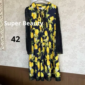 새상품급 슈퍼뷰티 사이즈 42 레이스 슬리브 레몬 패턴 원피스