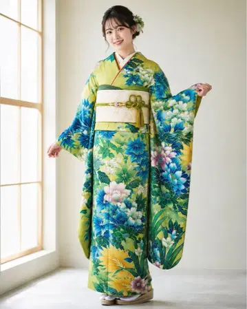 후리소데 옐로우 그린 꽃무늬 화려함