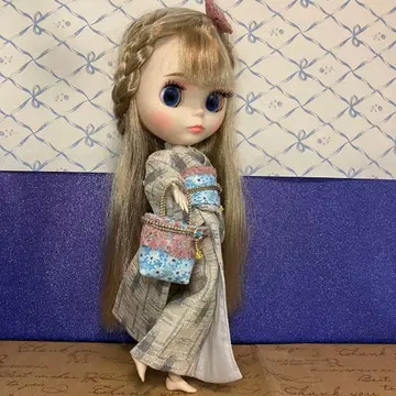 브라이스용 핸드메이드 유카타 블루 꽃무늬 오비 백 머리 장식 세트
