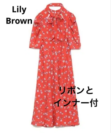 릴리 브라운 퍼프 슬리브 7부 소매 꽃무늬 롱 원피스 빨간색