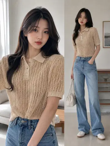 RECTO 반팔 폴로 니트 베이지