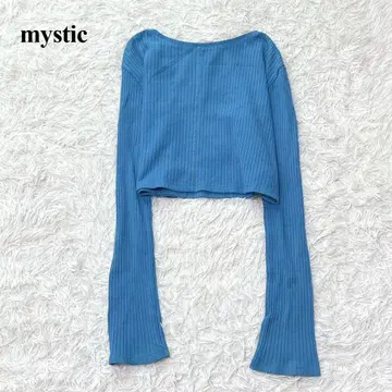 미스틱 긴팔 리브 티셔츠 크롭 기장 벨 슬리브 시스루 캐주얼