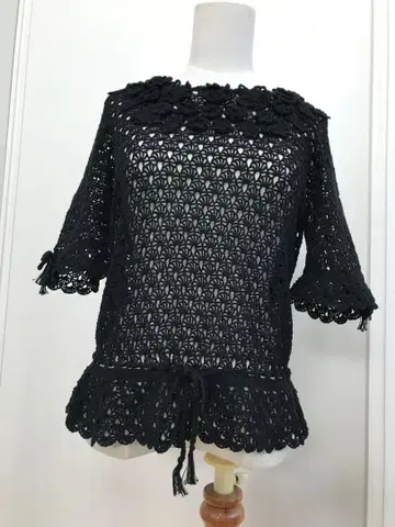 새상품급 카네코 이사오 꽃 모티브 끈 리본 뜨개질 면 100% 블랙