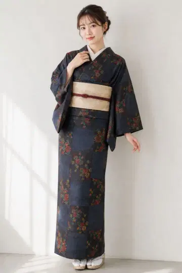 미사용 새상품 코몬 기모노 네이비 컬러 체크 패턴 꽃무늬