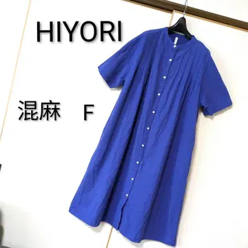 HIYORI 혼방 린넨 반팔 셔츠 원피스 탁한 블루 F 루즈핏 원피스