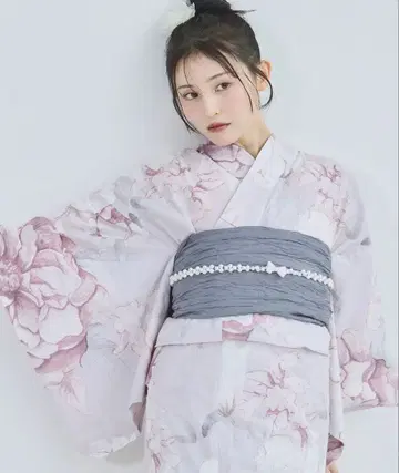 여성용 유카타 핑크 꽃무늬 오비 허리끈 포함