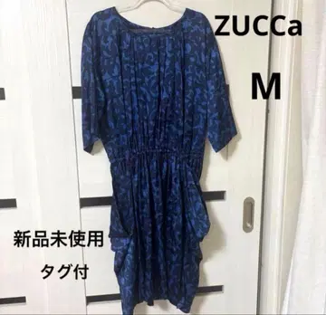 택 포함 새상품 ZUCCa 주카 올 패턴 원피스 M 네이비 반팔 큐프라 혼방